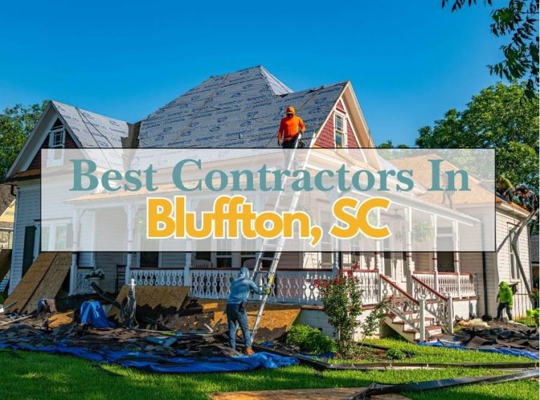 Roofing contractors working on a house with text overlay Best Contractors in Bluffton SC