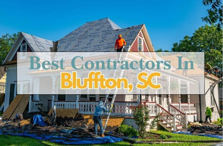 Roofing contractors working on a house with text overlay Best Contractors in Bluffton SC