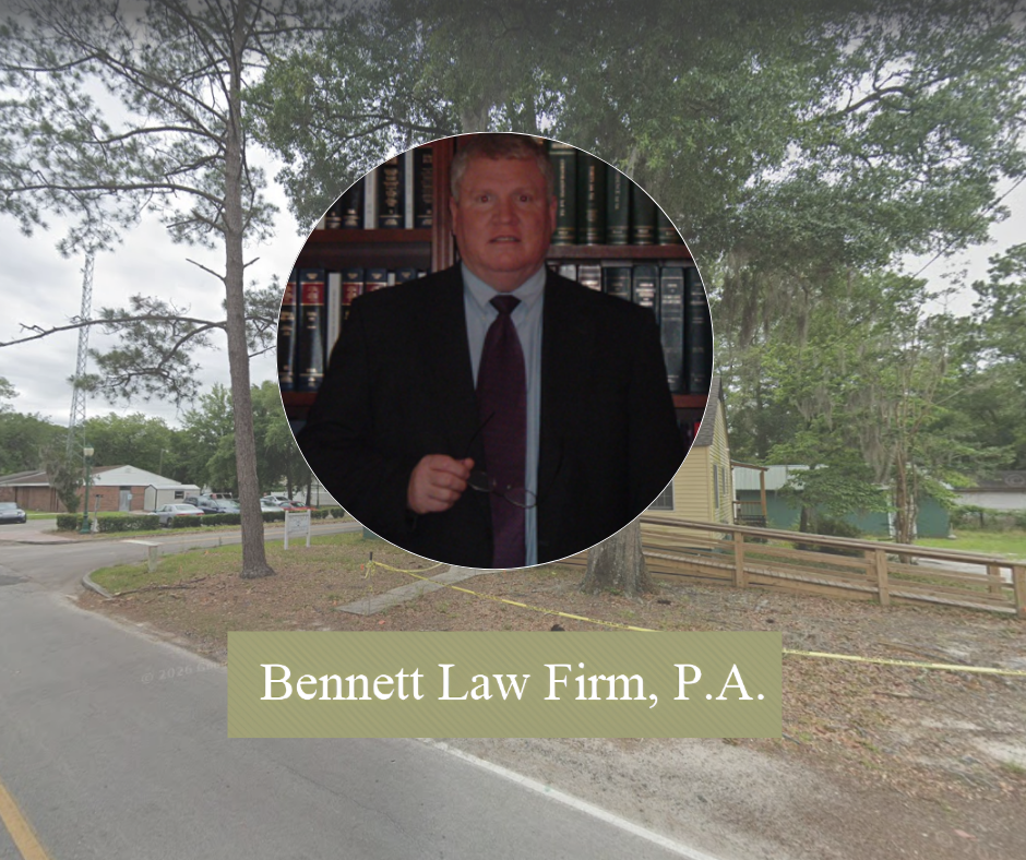 Portrait of an attorney above the Bennett Law Firm, P.A. logo with a tree-lined neighborhood background.