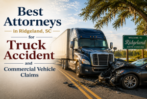 Semi-truck and car crash scene near a Ridgeland, South Carolina welcome sign promoting truck accident and commercial vehicle attorneys.