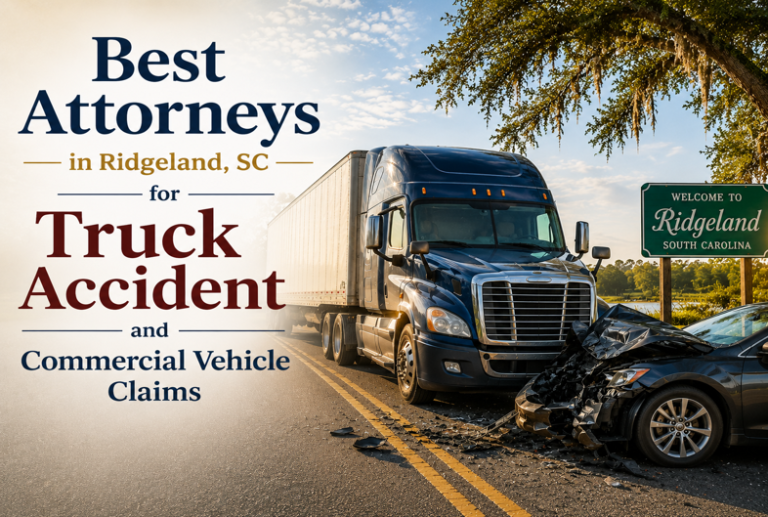 Semi-truck and car crash scene near a Ridgeland, South Carolina welcome sign promoting truck accident and commercial vehicle attorneys.