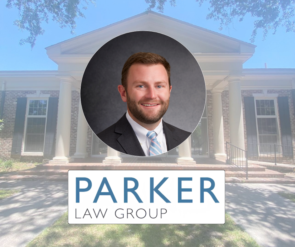 Portrait of an attorney above the Parker Law Group logo with a courthouse-style office building in the background.