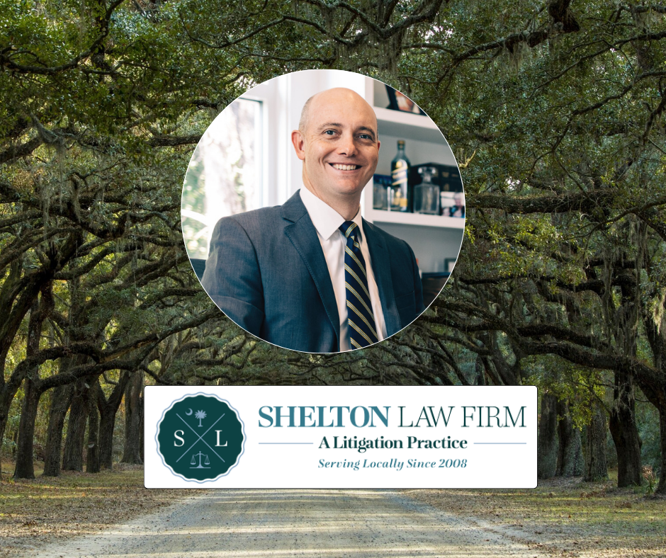 Portrait of an attorney above the Shelton Law Firm logo with a scenic oak-lined road background.