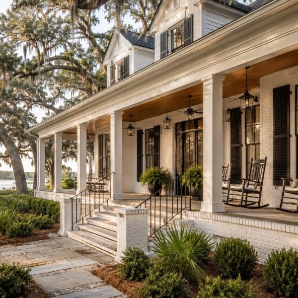 Luxury Lowcountry home in Bluffton, South Carolina with a spacious front porch, white brick exterior, black shutters, Spanish moss-draped live oaks, and scenic marsh views.
