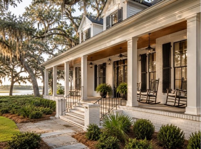 Luxury Lowcountry home in Bluffton, South Carolina with a spacious front porch, white brick exterior, black shutters, Spanish moss-draped live oaks, and scenic marsh views.