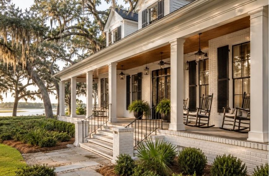 Luxury Lowcountry home in Bluffton, South Carolina with a spacious front porch, white brick exterior, black shutters, Spanish moss-draped live oaks, and scenic marsh views.